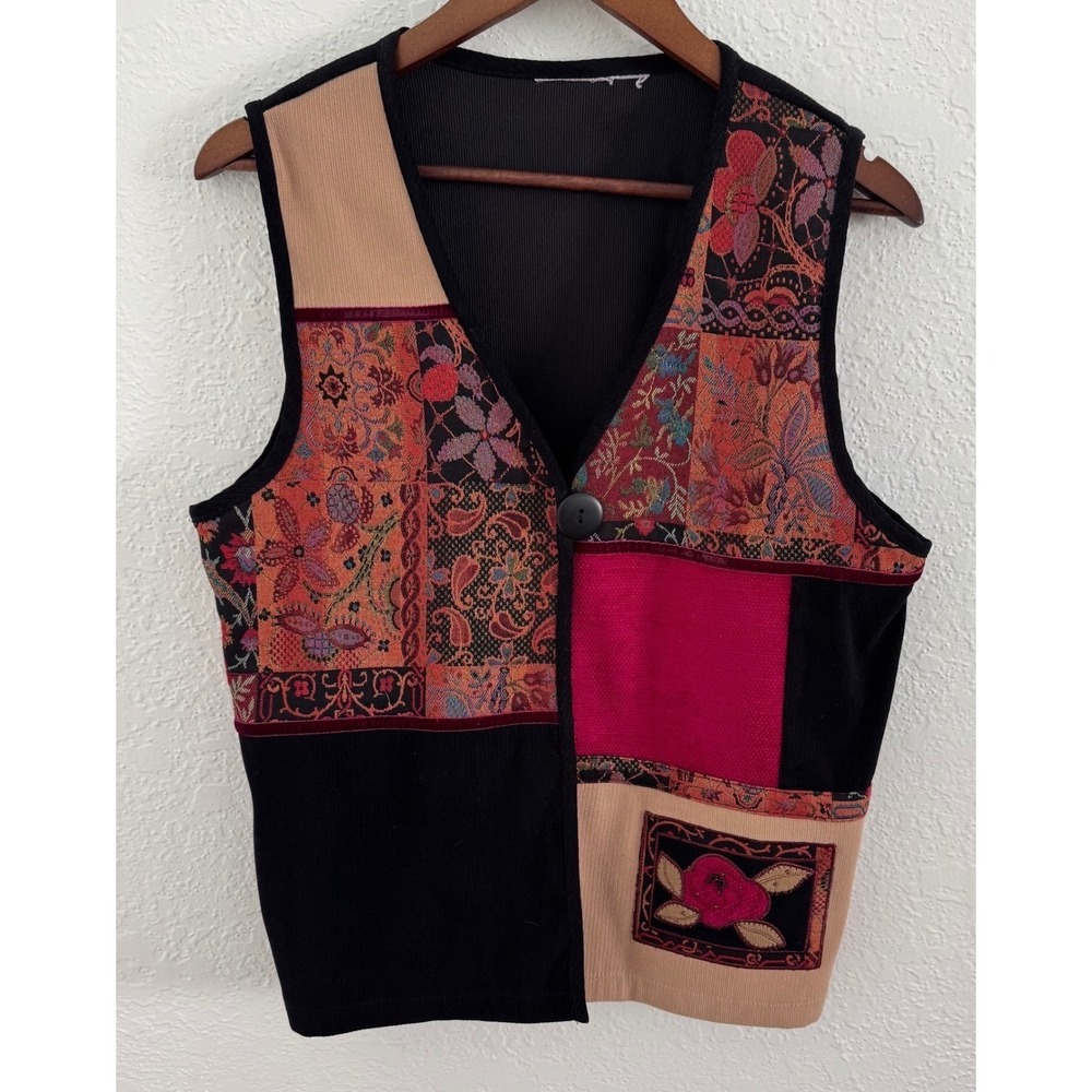 Patchwork Quilted Floral Tapestry Vest Black Tan Magenta Boho Sleeveless Top MD